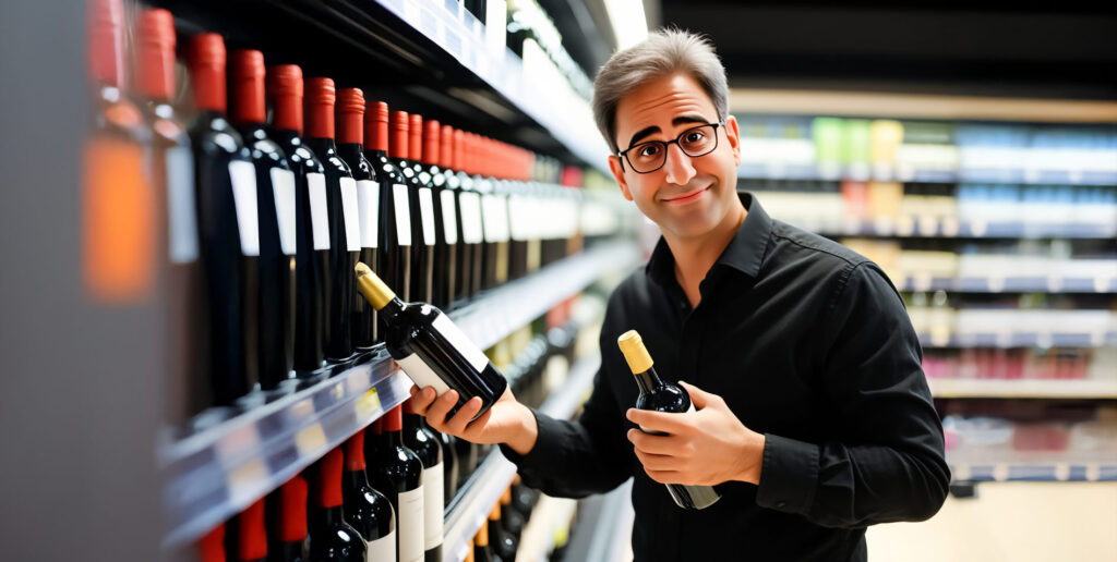 Image of wine in UK supermarket and shopper, showing UK wine consumer trends.